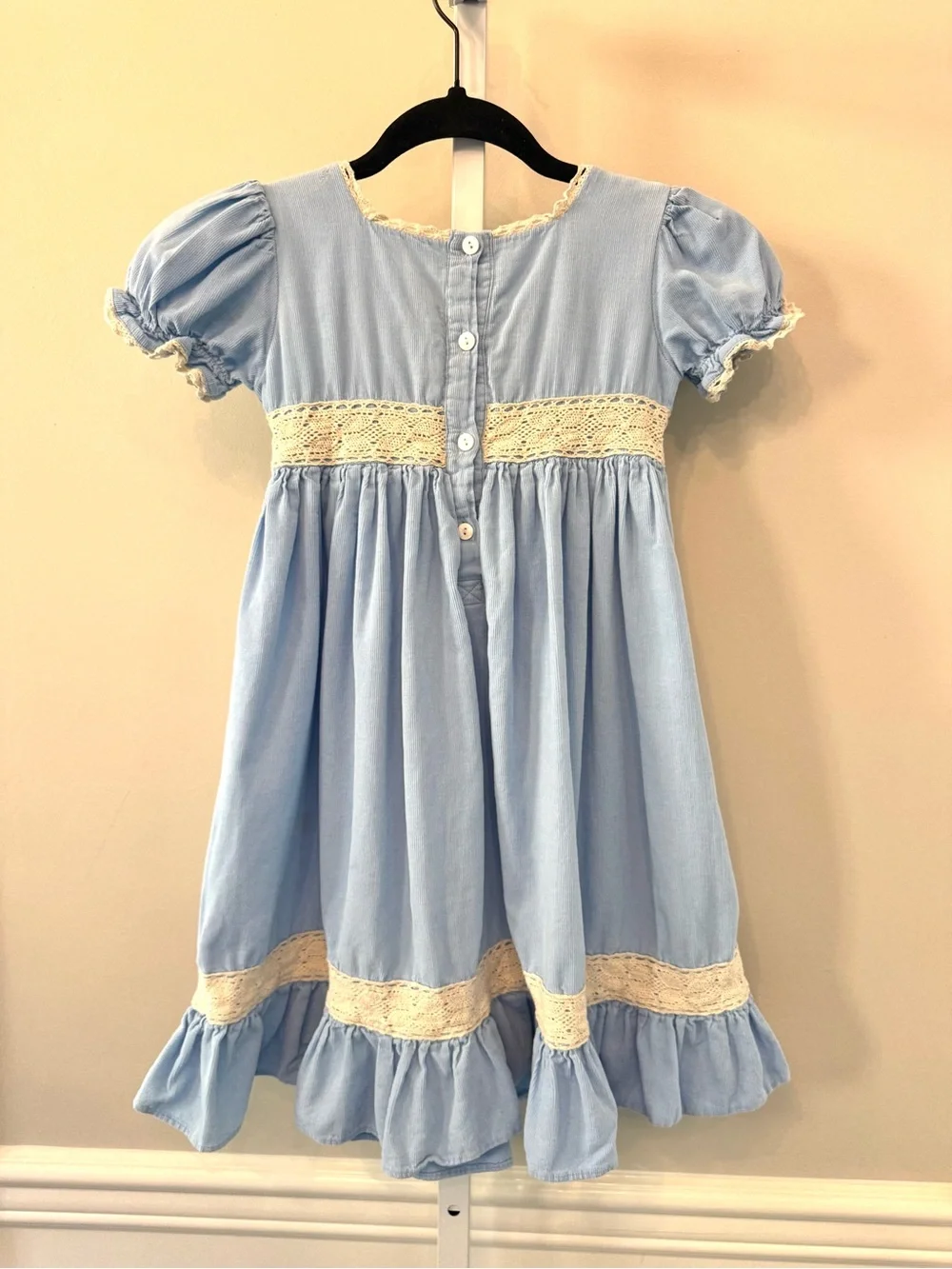Smockingbird Girls Blue Cotton Lace Dress Puff Sleeve Ruffle Size 5